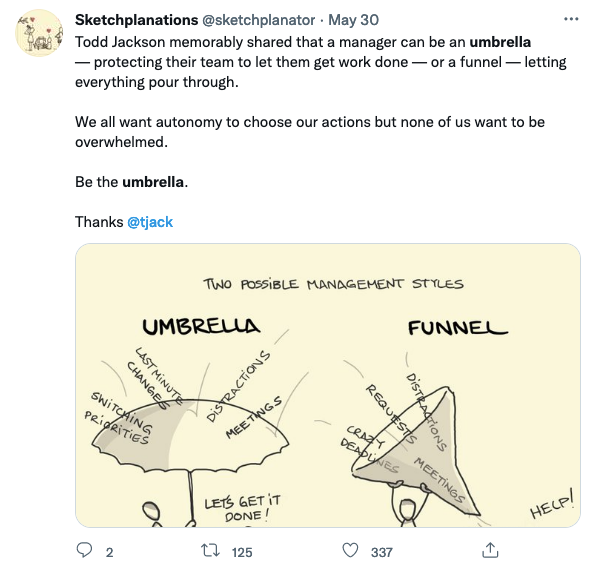 Screenshot of @sketchplanator tweet, "Two Possible Management Styles: umbrella, funnel."