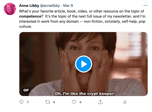 Screencap of my March 9 tweet -- it's linked -- soliciting resources on competence