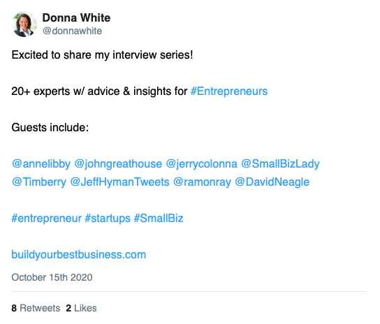 Screenshot of Donna White's 10/15/20 tweet about her interview series, linked to image