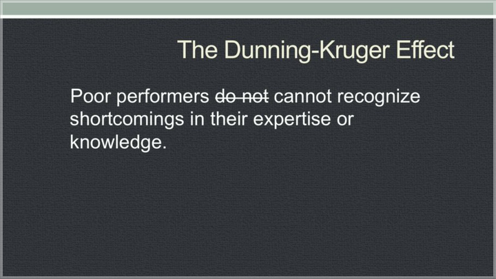 Presentation slide: "Poor performers do not (do not is struck through) cannot recognize shortcomings in their expertise or knowledge
