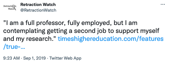 Link to tweet, quoting an professor who contemplating a second job to support their research/themself