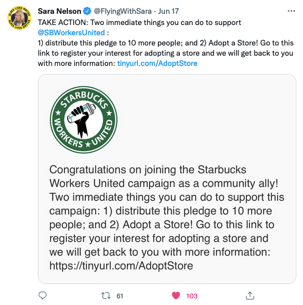 Sara Nelson tweet, linked to photo, asking for community allies to support Starbucks workers by "adopting" a store.