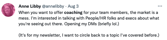 Screenshot of one of my tweets, linked to the image, looking to talk with HR folks about coaching