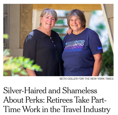 Screenshot of NYT sidebar, two smiling 60-something women, and headline Silver-Haired and Shameless About Perks: Retirees Take Part-Time Work in the Travel Industry.  