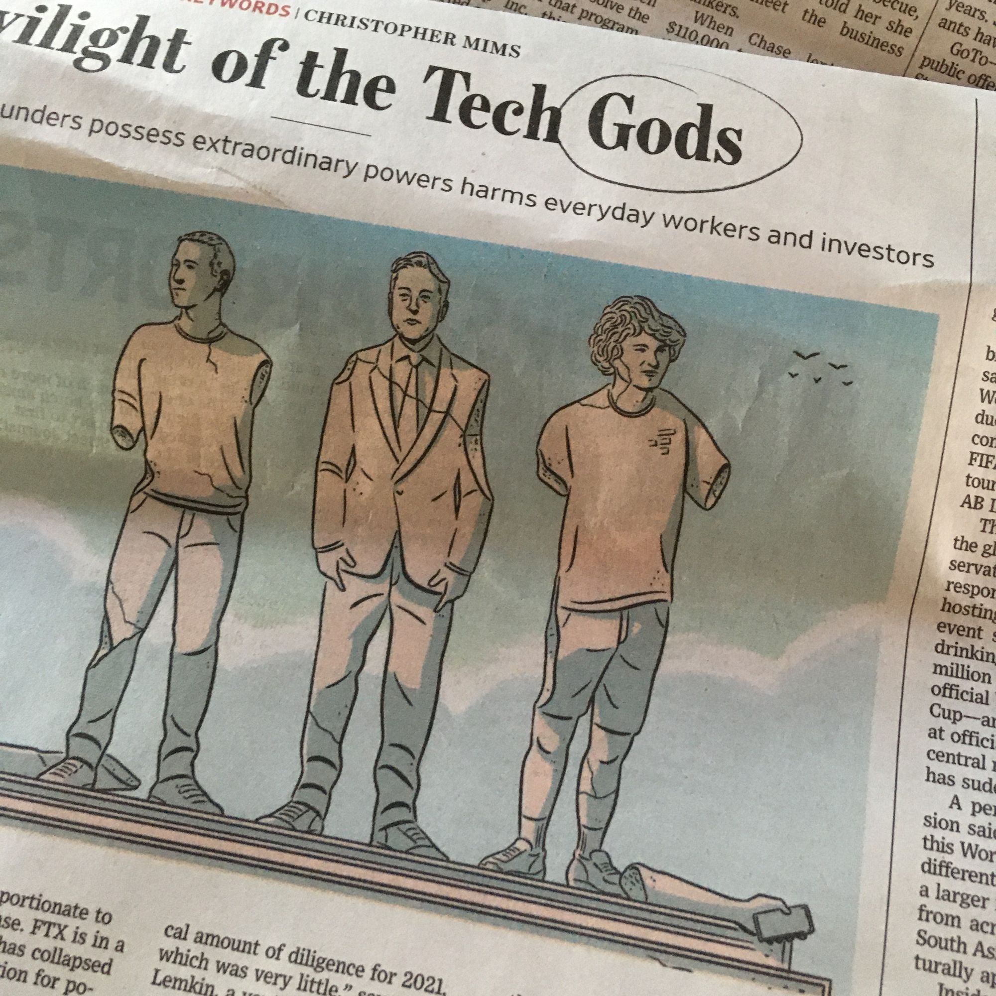 Photo of WSJ illustration: Zuck, Elon and SBF as a triptych, like statues of greek gods