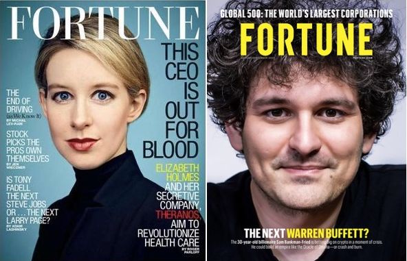 Fortune magazine covers: Elizabeth Holmes in 2014; Sam Bankman Fried in 2022