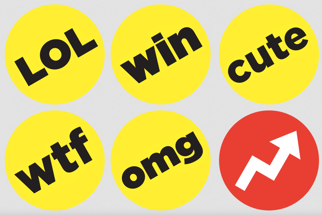 old school round buzzfeed stickers; LOL, win, cute, wtf, omg in black text on yellow background; white "up and to the right" arrow on red.