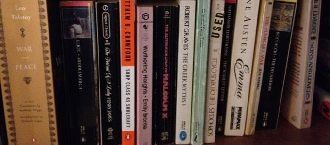 A variety of books on a bookshelf