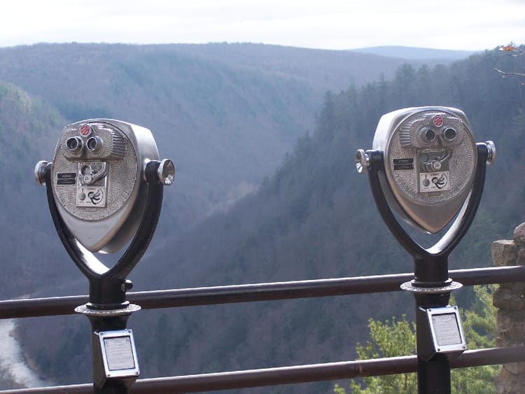 Two metal, coin operated binoculars, overlooking a canyon. River at the bottom, tree-lined ridges, greys and greens dominate.