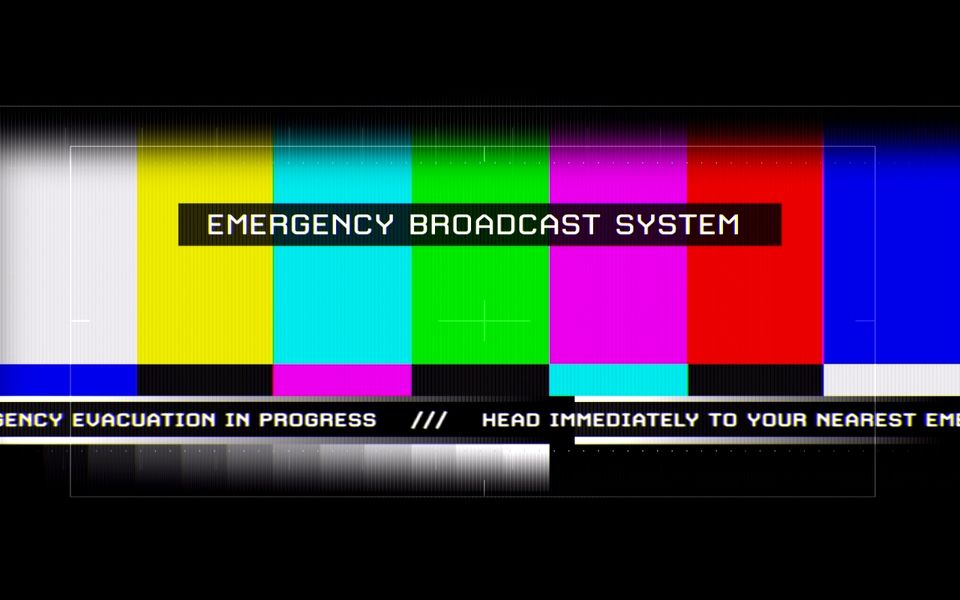 old-school TV screen, "Emergency broadcast system" screen, white block letters on a multi-colored test pattern