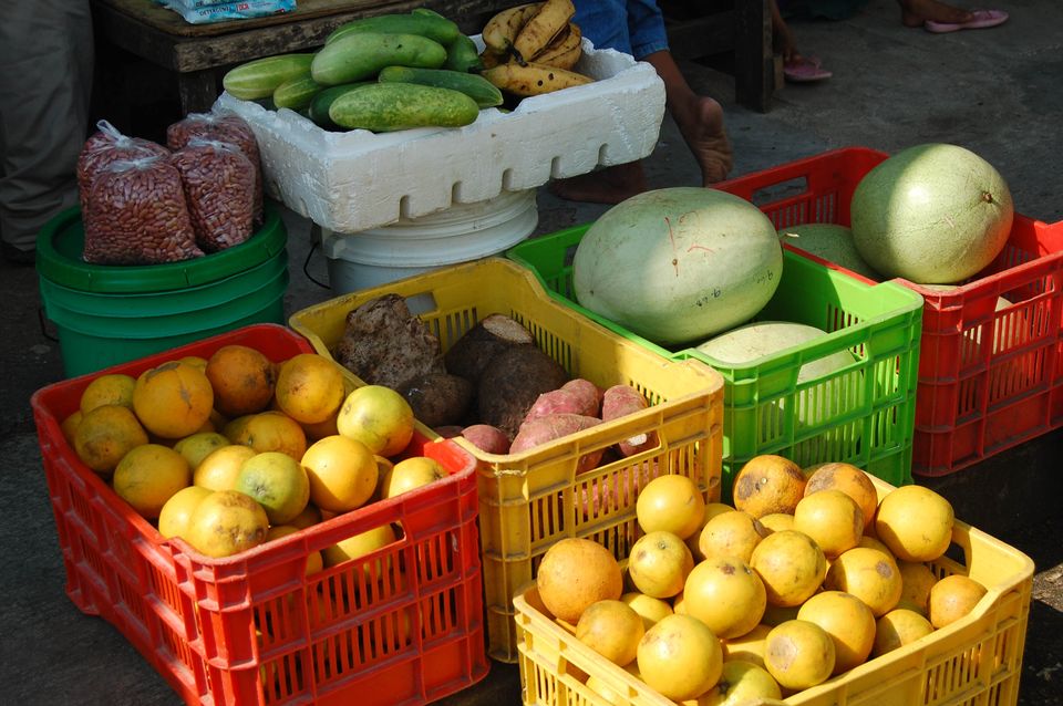 Colorful, sunny, display of citrus, melons, cucumbers, and more; in red, yellow, white and green crates and containers.