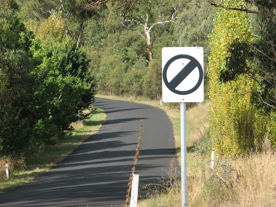 Grey asphalt country road: evergreens, trees, grasses. Road sign:white background, black circle with a line through it